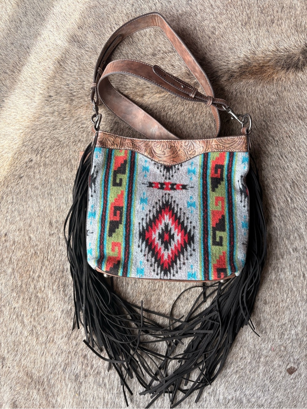 Wrangler Multicolor Southwestern Fringe Crossbody with Black Fringe